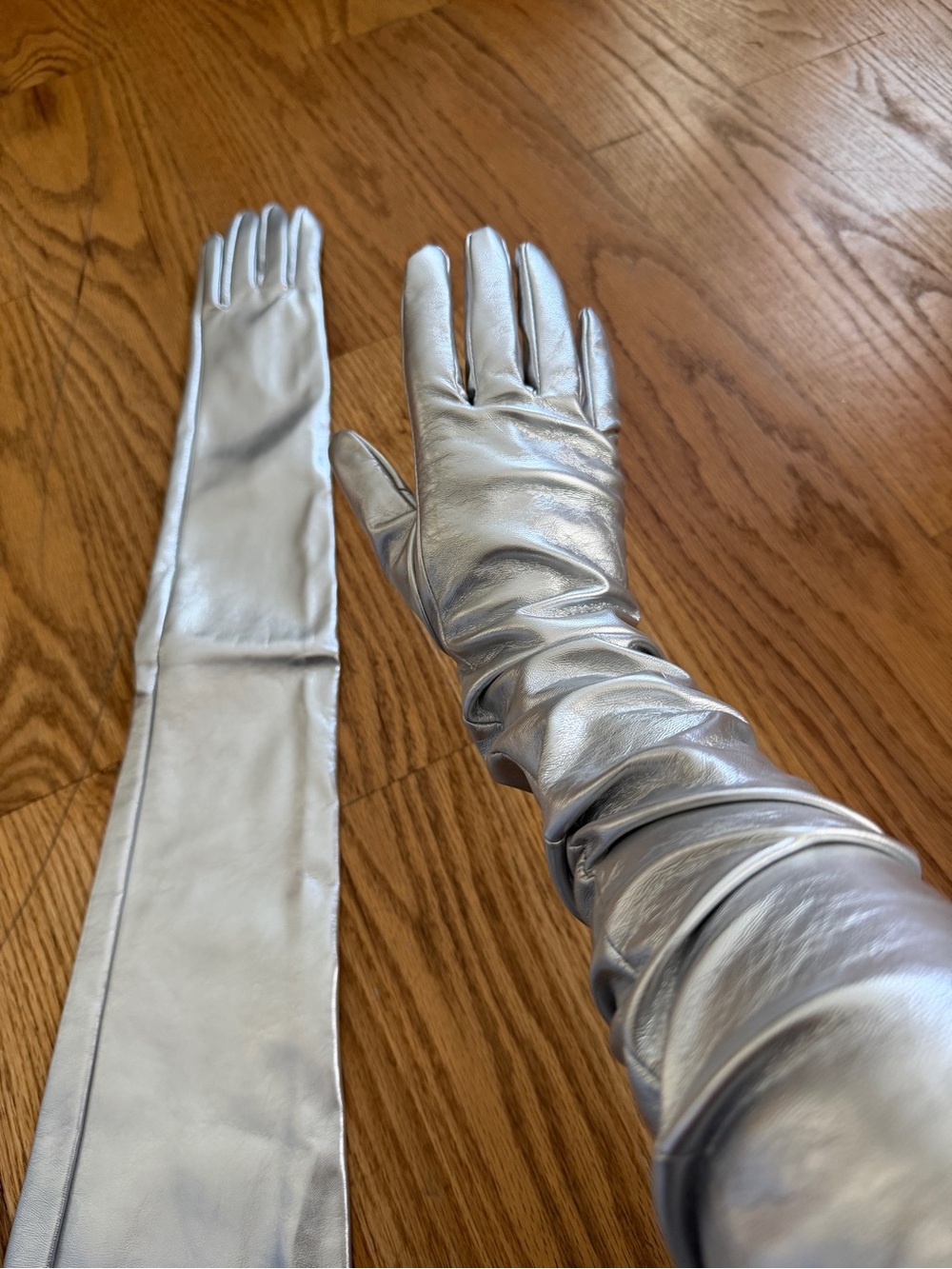 Long Metallic Silver Opera Gloves faux leather